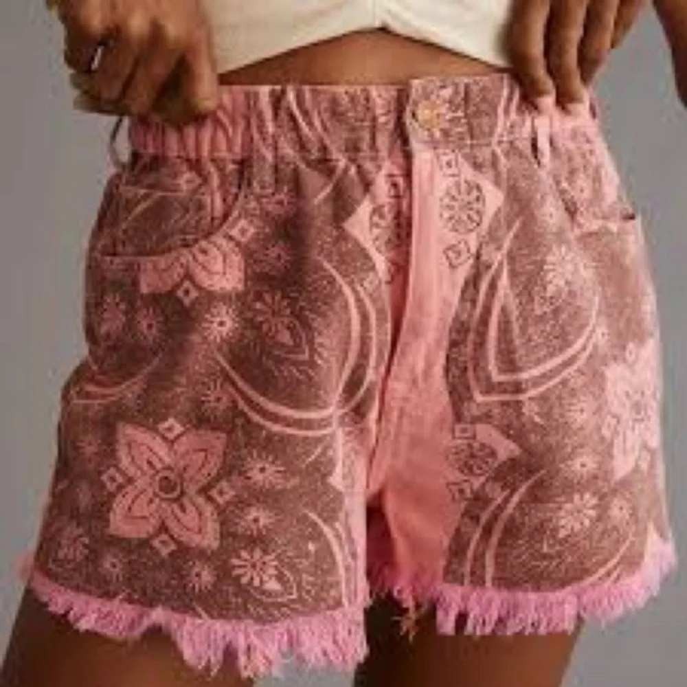 Anthropologie Pilcro Scrunchie Denim Shorts Floral Paisley Print Frayed Hem XS